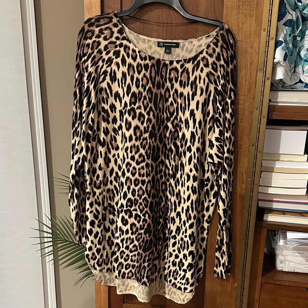 INC International Concepts Leopard Print Long Sleeve Top - Tan & Black- Large